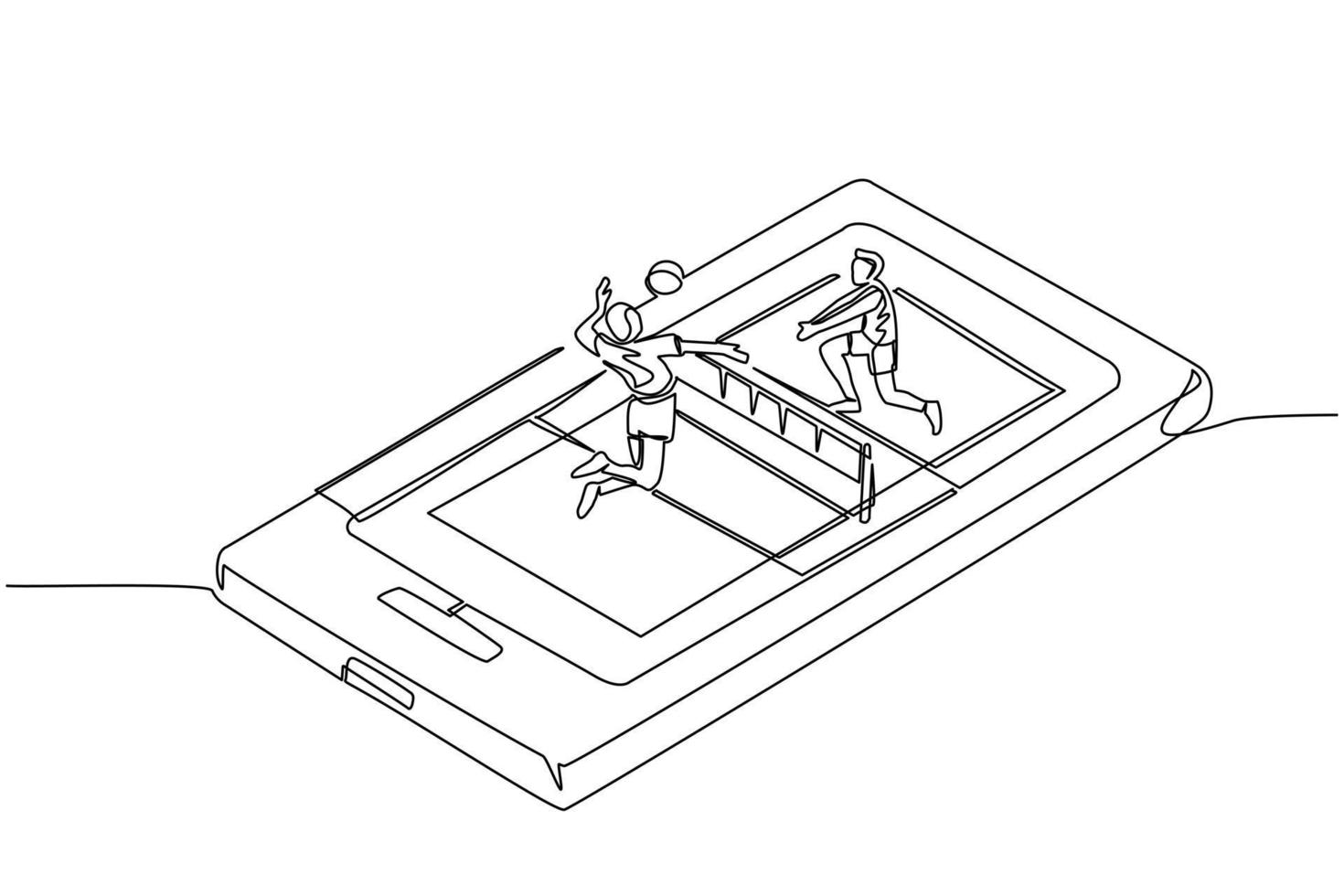 quadra de vôlei de desenho de linha contínua única com dois jogadores na tela do smartphone. jogadores de vôlei de competição esportiva profissional durante a partida, aplicativo móvel. vetor de design gráfico de desenho de uma linha