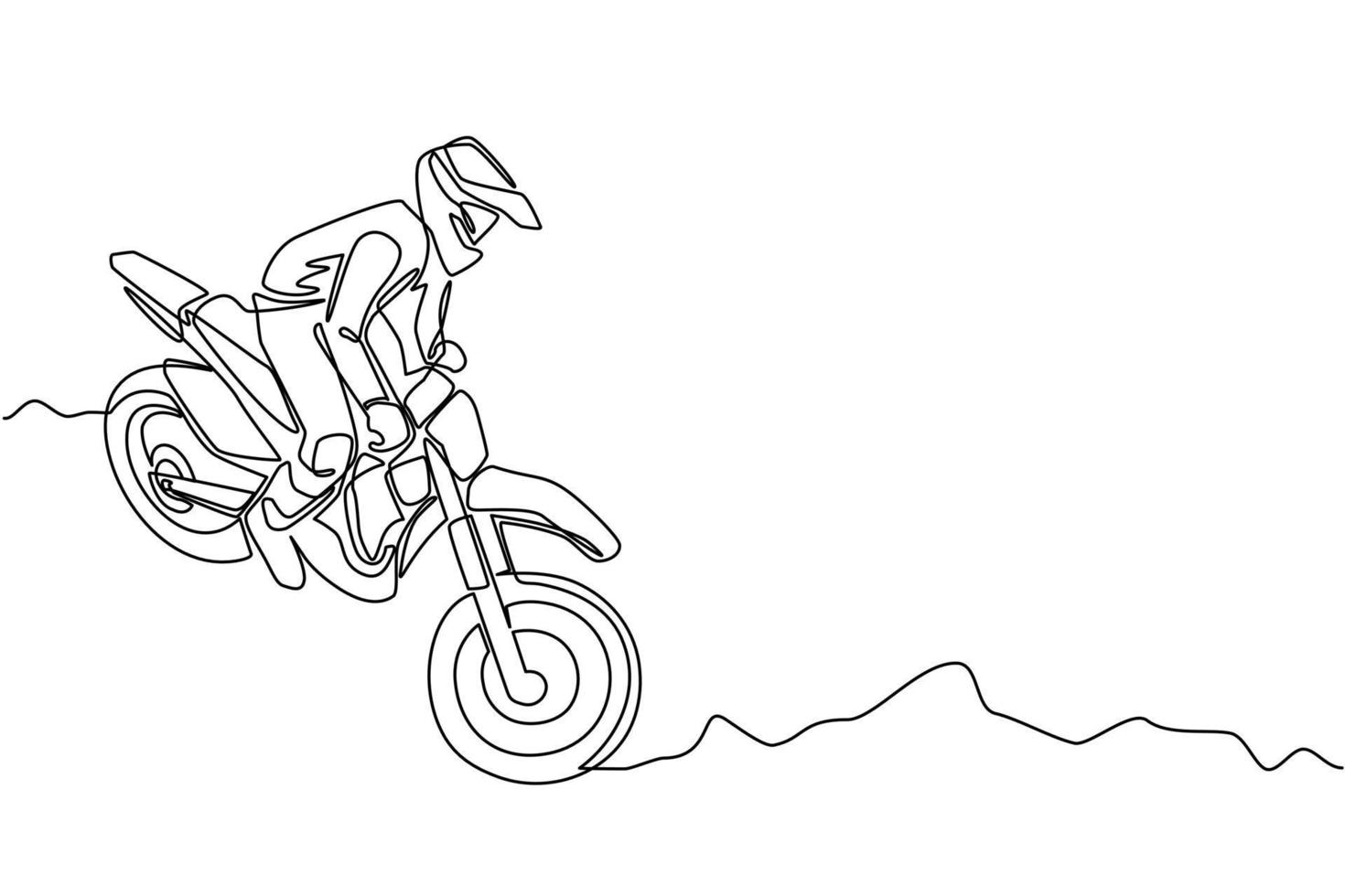 desenho de uma linha contínua jovem piloto de motocross monta moto de motocross. competição de motocross. enduro, esporte radical de motocross freestyle. ilustração gráfica de vetor de desenho de linha única