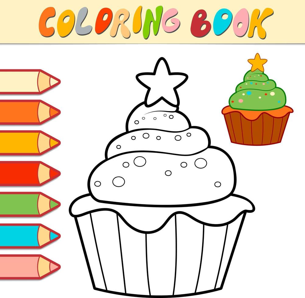 livro para colorir ou página para crianças. ilustração em vetor preto e branco de cupcake de natal