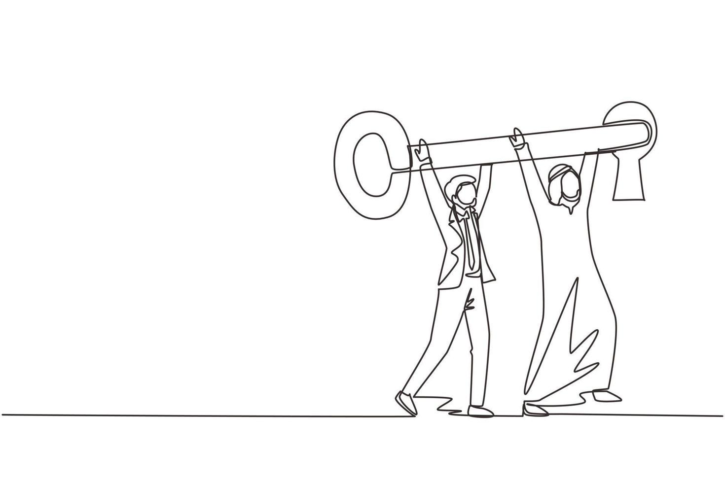 uma linha contínua desenhando duas figuras masculinas árabes vestindo roupas tradicionais enquanto levanta, inserindo uma chave enorme no buraco da fechadura. movimento de negócios para a frente. ilustração vetorial de desenho de linha única vetor