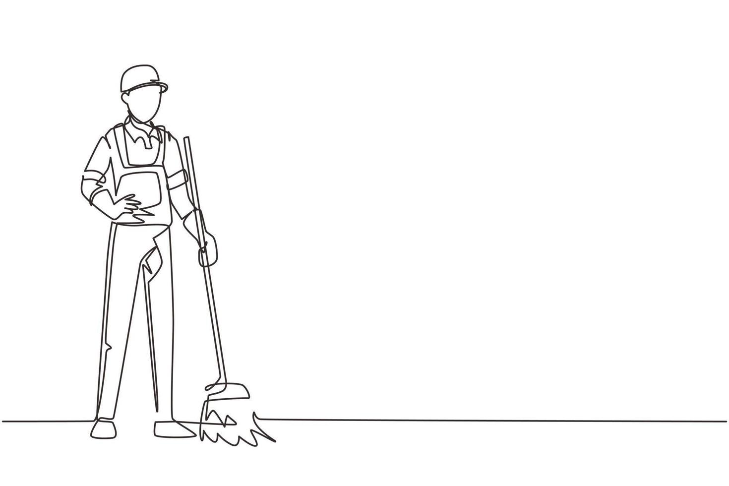 desenho contínuo de uma linha sorridente jovem zelador masculino de uniforme, varrendo o chão com vassoura, limpeza profissional, serviço doméstico e de escritório. ilustração vetorial de desenho de linha única vetor