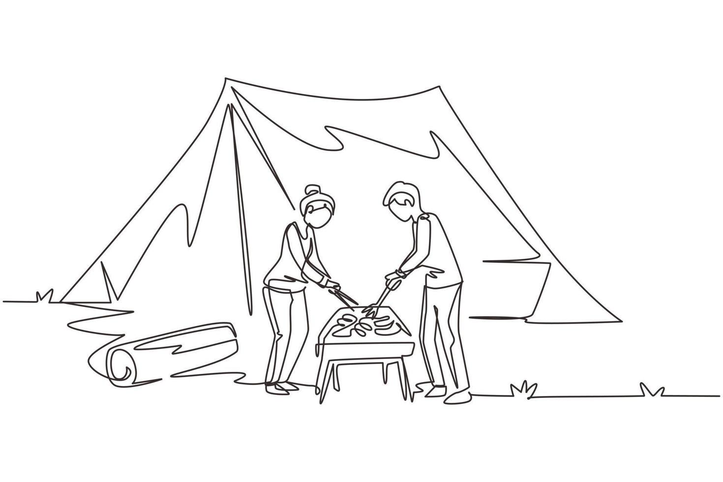 único desenho de uma linha casal feliz está fazendo churrasco na montanha. homem mulher acampando na floresta, recreação ativa, encontro romântico fora da cidade. ilustração em vetor design de desenho de linha contínua