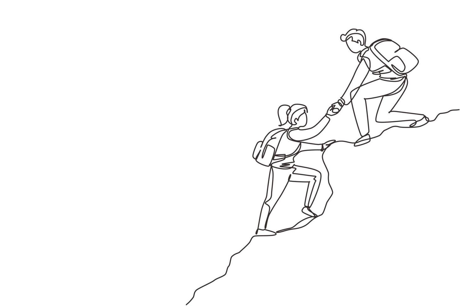 contínuo um grupo de desenho de linha de pessoas homem mulher ajudando uns aos outros a subir uma montanha. conceito de negócios, sucesso, liderança, realização e objetivo. ilustração vetorial de desenho de linha única vetor