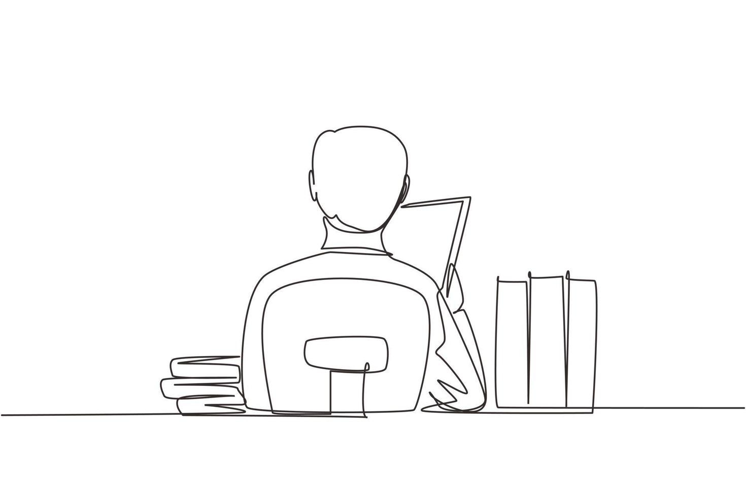 uma linha contínua desenhando a visão traseira do jovem sentado na mesa e lendo o livro, estudante estudando muito e se preparando antes do exame com pilha de livros. ilustração vetorial de desenho de linha única vetor