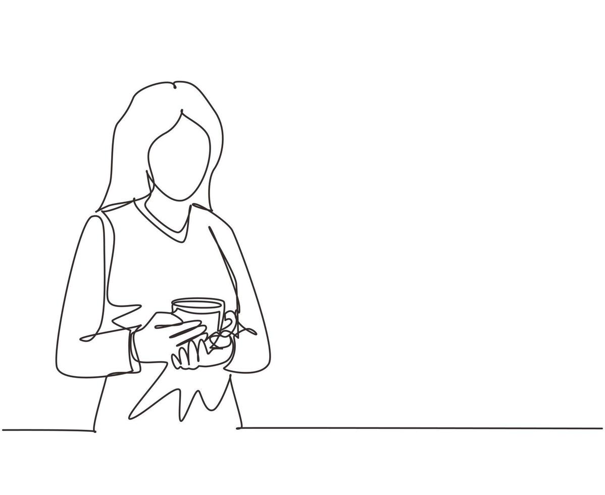 mulher de desenho de uma linha contínua na camisola segurando a xícara de café, sorrindo e olhando para a câmera enquanto está sentado na cafeteria. relaxe e eu tempo. ilustração gráfica de vetor de desenho de linha única