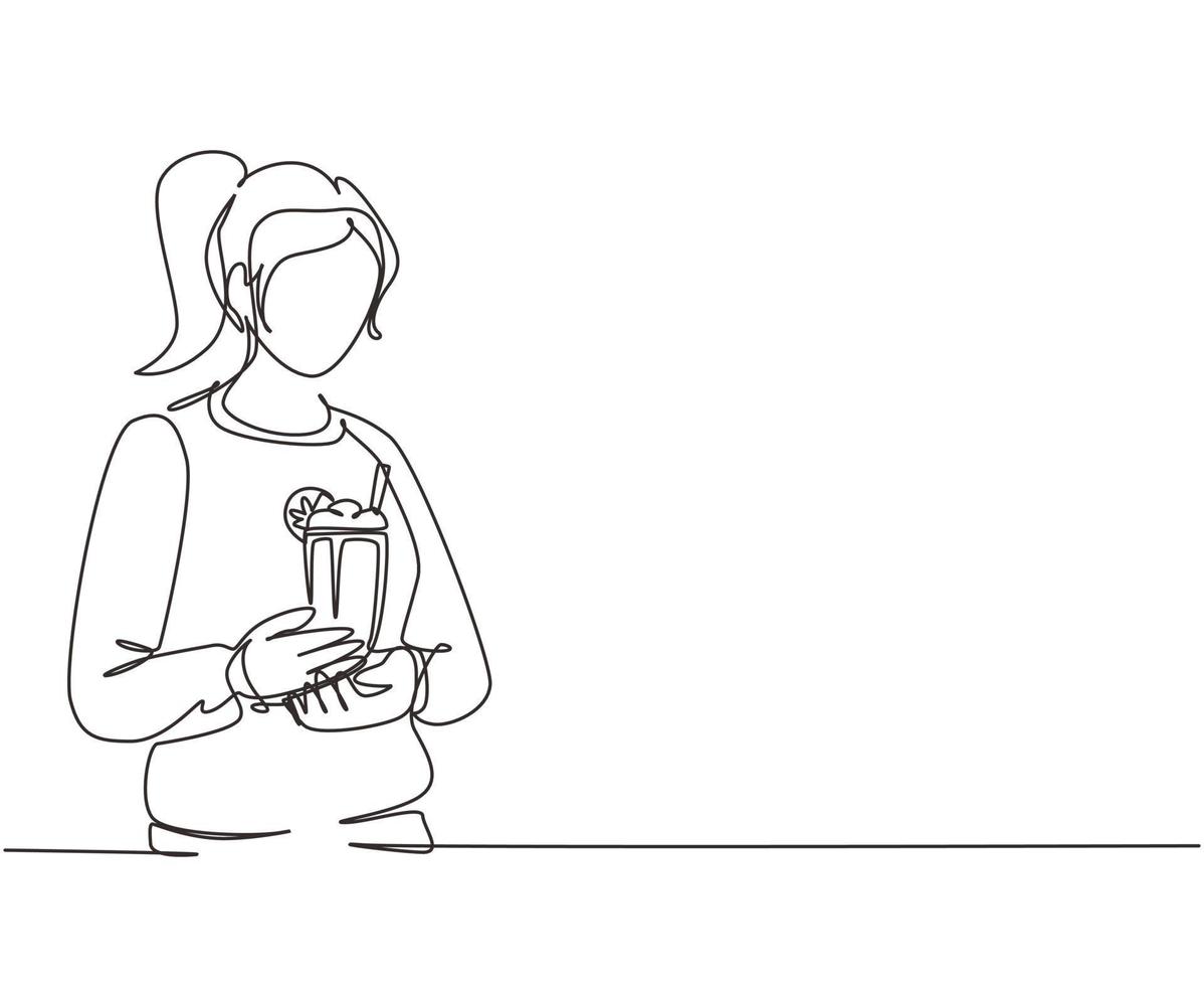 única mulher de desenho de linha segurando o copo com delicioso milk-shake. jovem segurando saboroso batido de leite fresco com fatia de laranja. ilustração em vetor gráfico de desenho de linha contínua moderna
