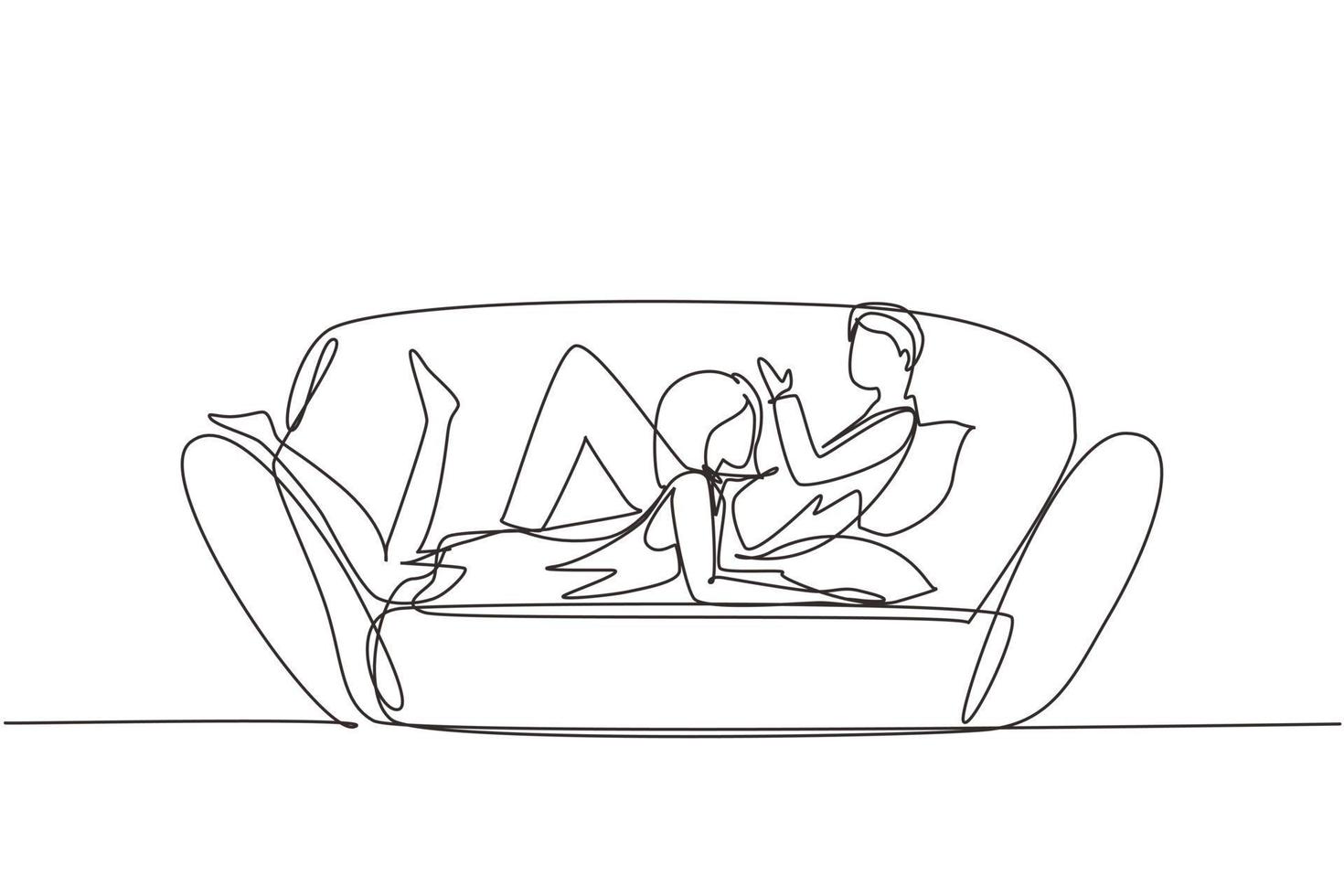 única linha contínua desenhando mulher e homem apaixonado deitado no sofá confortável e conversando. casal no sofá aconchegante relaxando juntos em casa à noite. vetor de design gráfico de desenho dinâmico de uma linha