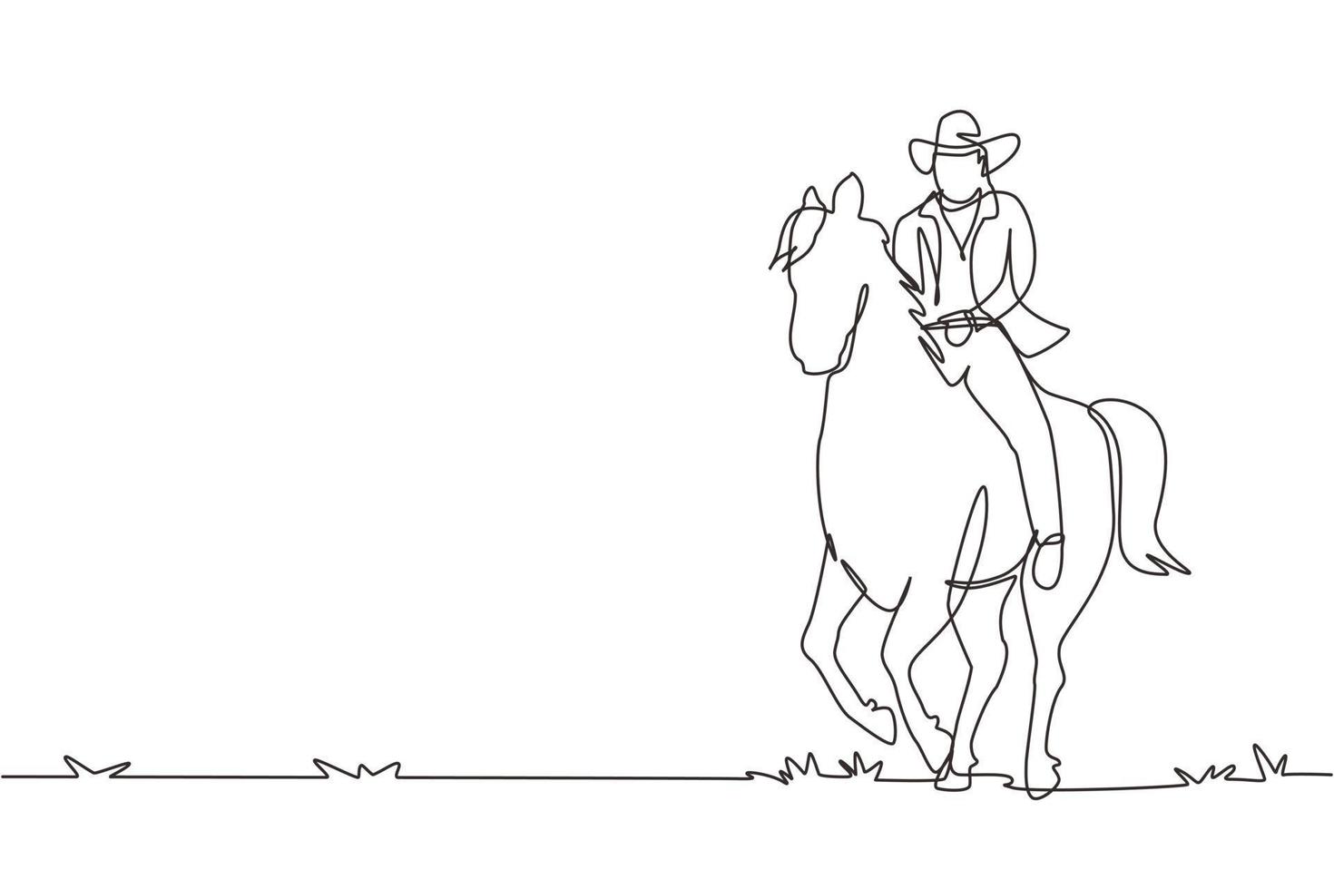 única linha contínua desenho silhueta de cowboy cavalo ao pôr do sol. herói do oeste selvagem, mustang e pessoa ao ar livre, ícone de cowboy e cavalo ou logotipo. uma linha desenhar ilustração em vetor design gráfico