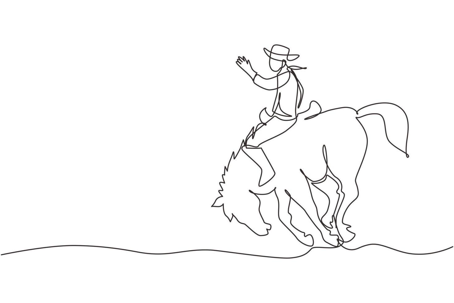 contínuo um desenho de linha cowboy montando bucking bronco ao pôr do sol. cowboy de rodeio no rancho de cavalos. corrida de cavalos selvagens. cowboy domar cavalo selvagem no rodeio. ilustração gráfica de vetor de desenho de linha única