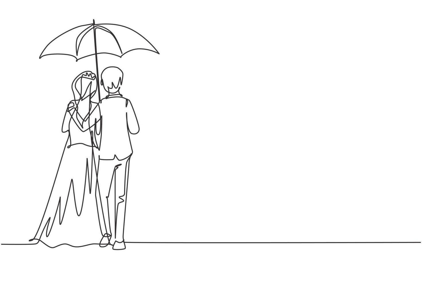 uma linha contínua desenhando para trás o casal na chuva. casal apaixonado andando sob chuva com guarda-chuva. bonito homem e mulher estão andando com vestido de noiva. gráfico de vetor de design de desenho de linha única