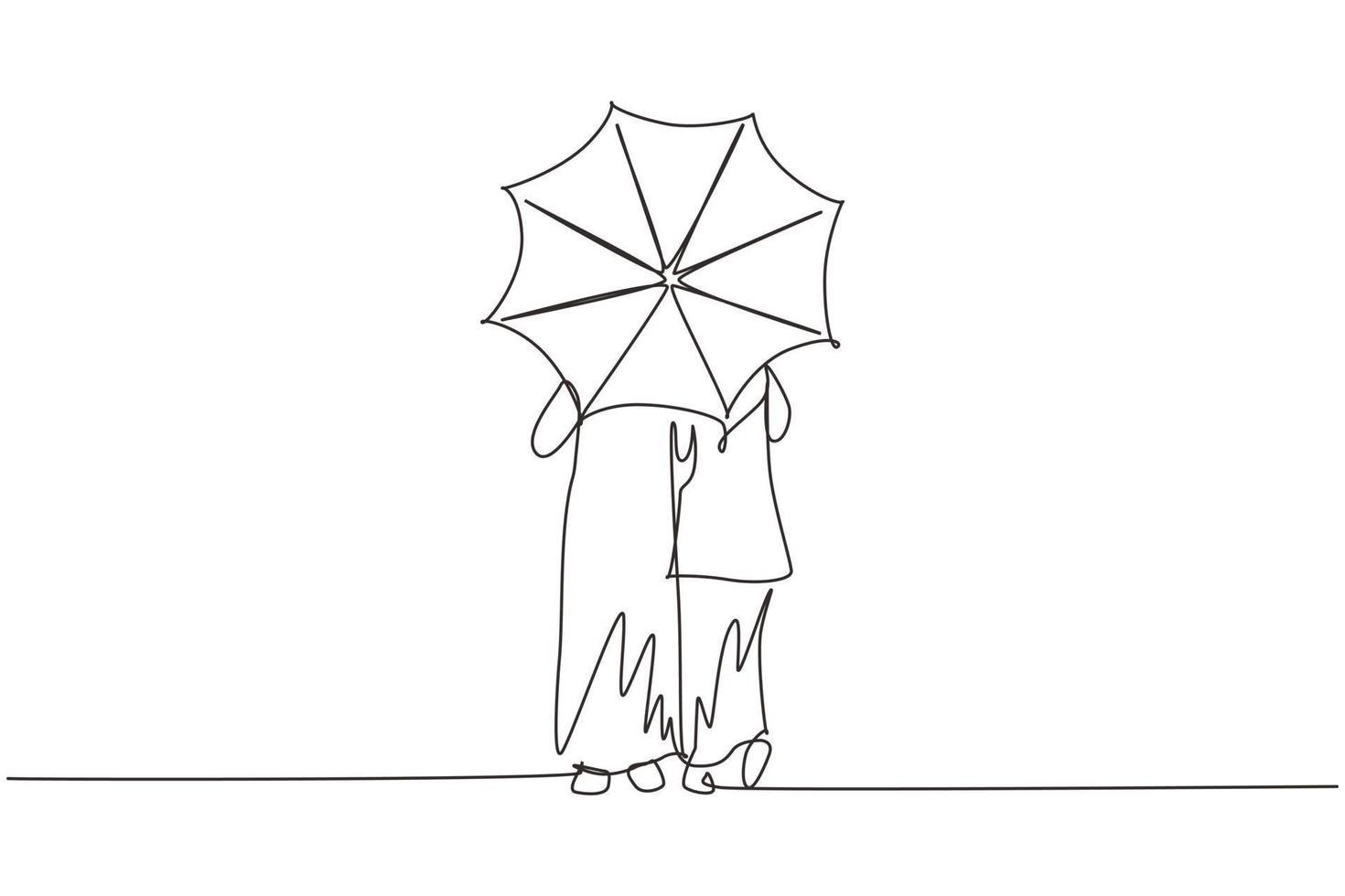 única linha de desenho para trás vista jovem casal árabe homem mulher, menina e menino andando segurando guarda-chuva sob chuva. casal romântico no tempo chuvoso de outono. vetor gráfico de desenho de desenho de linha contínua
