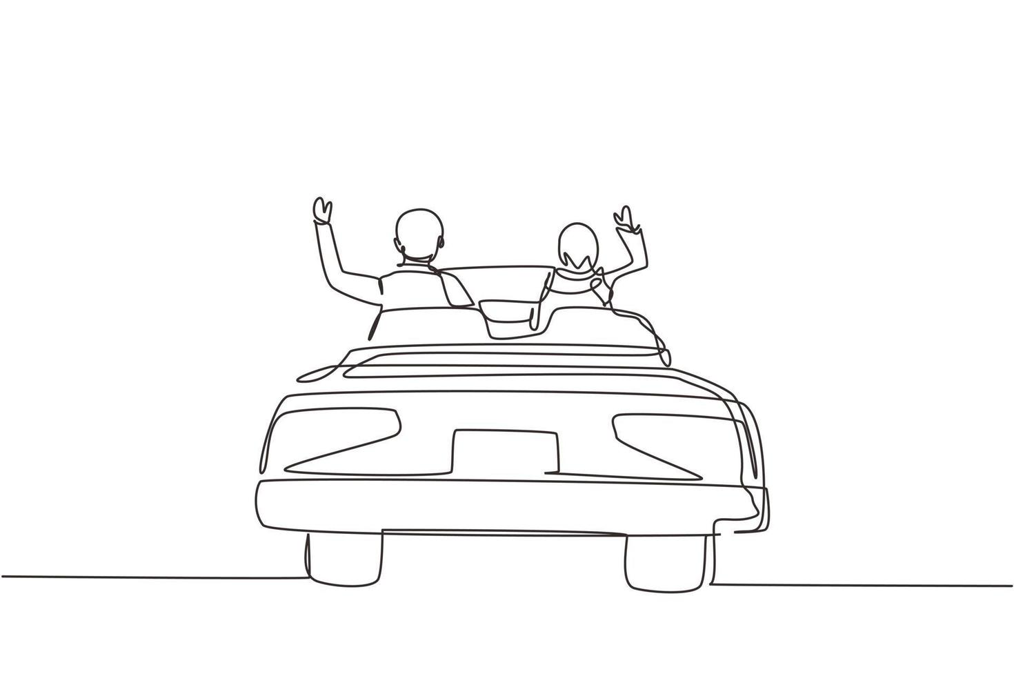 única linha contínua desenhando vista traseira casal livre árabe feliz dirigindo no carro cabriolet na cidade torcendo alegre com os braços levantados. casal viagens de férias de verão. vetor de design gráfico de desenho de uma linha