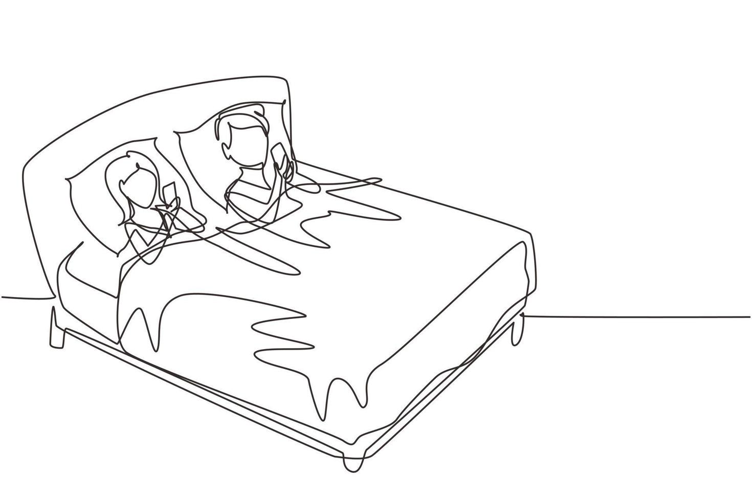 único casal de desenho de linha deitado na cama e olhando para o telefone jogando jogos em gadgets. tempo livre de lazer em casa. pessoas passando o tempo livre. ilustração em vetor gráfico de desenho de linha contínua