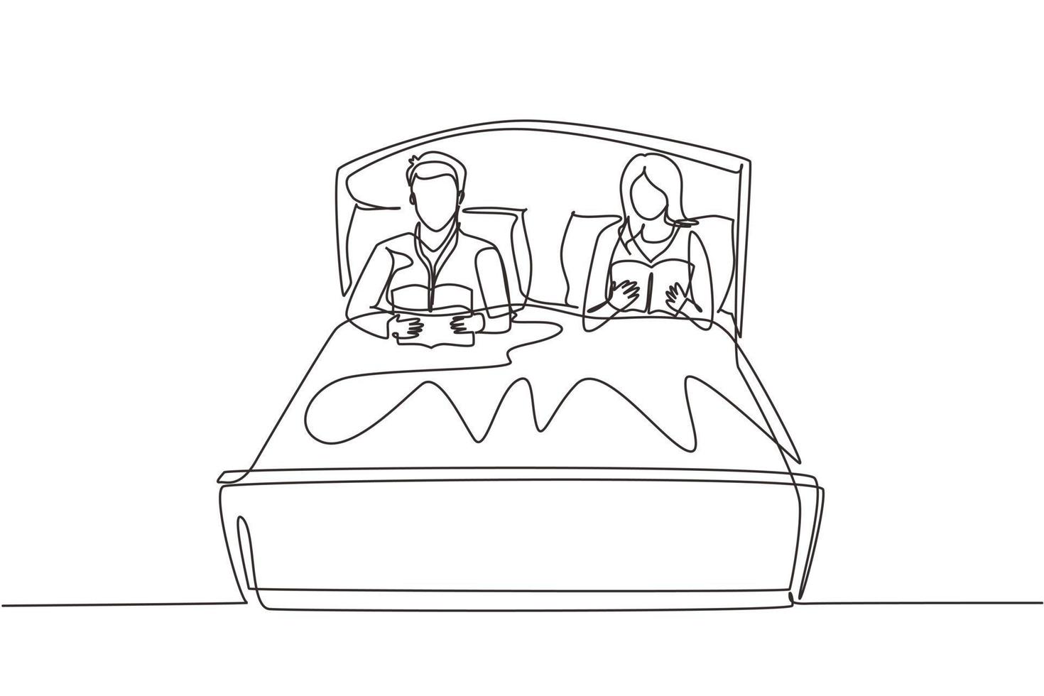 único desenho de uma linha casal antes de ir para a cama, ler livros. homem e mulher deitados na cama juntos e lendo o livro. casal romântico descansando no quarto. gráfico de design de desenho de linha contínua vetor