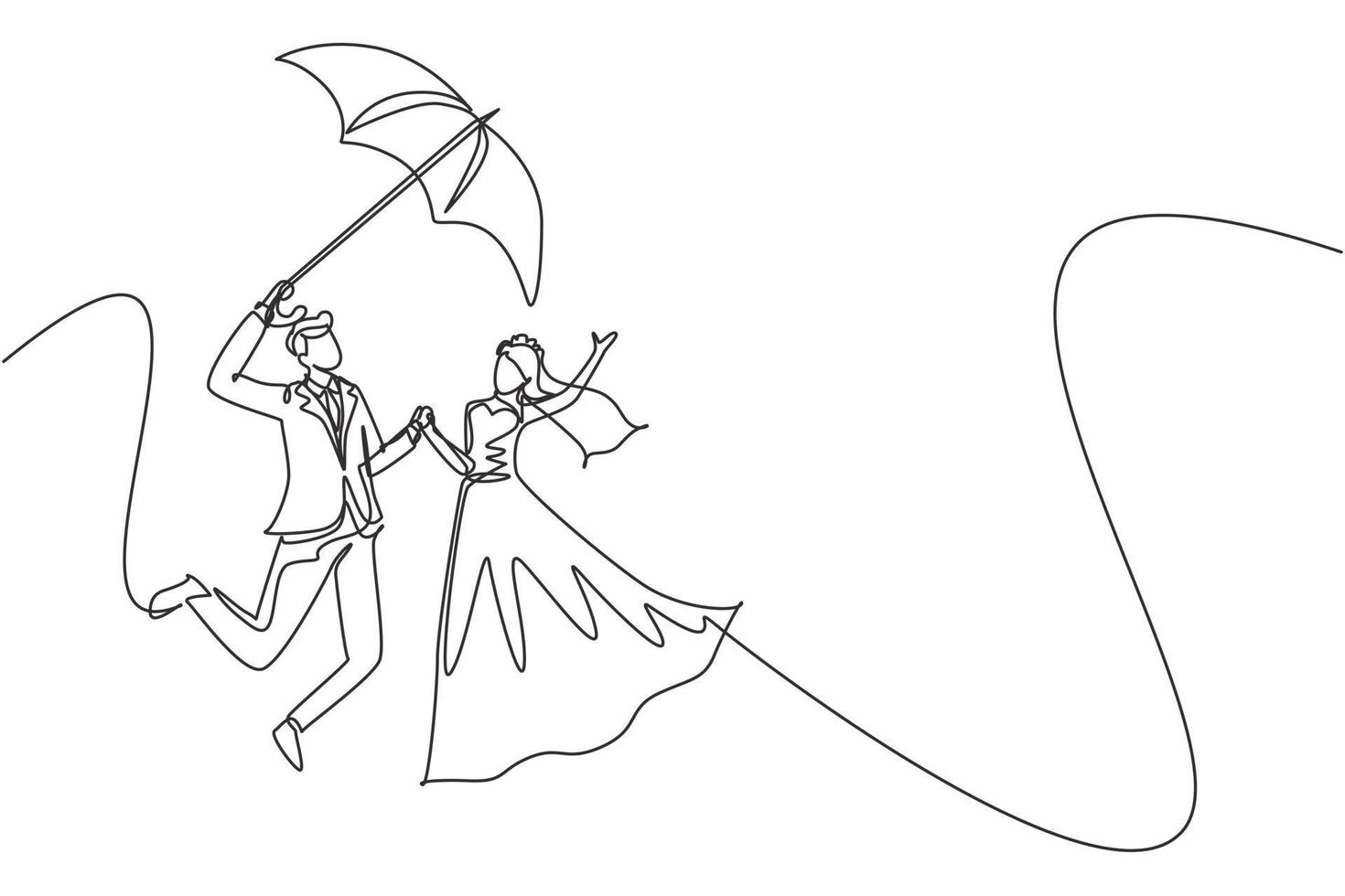 uma linha contínua desenhando casal fofo apaixonado andando sob chuva com guarda-chuva e pulando. homem e mulher usando vestido de noiva. relacionamento romântico de casal. vetor de design de desenho de linha única