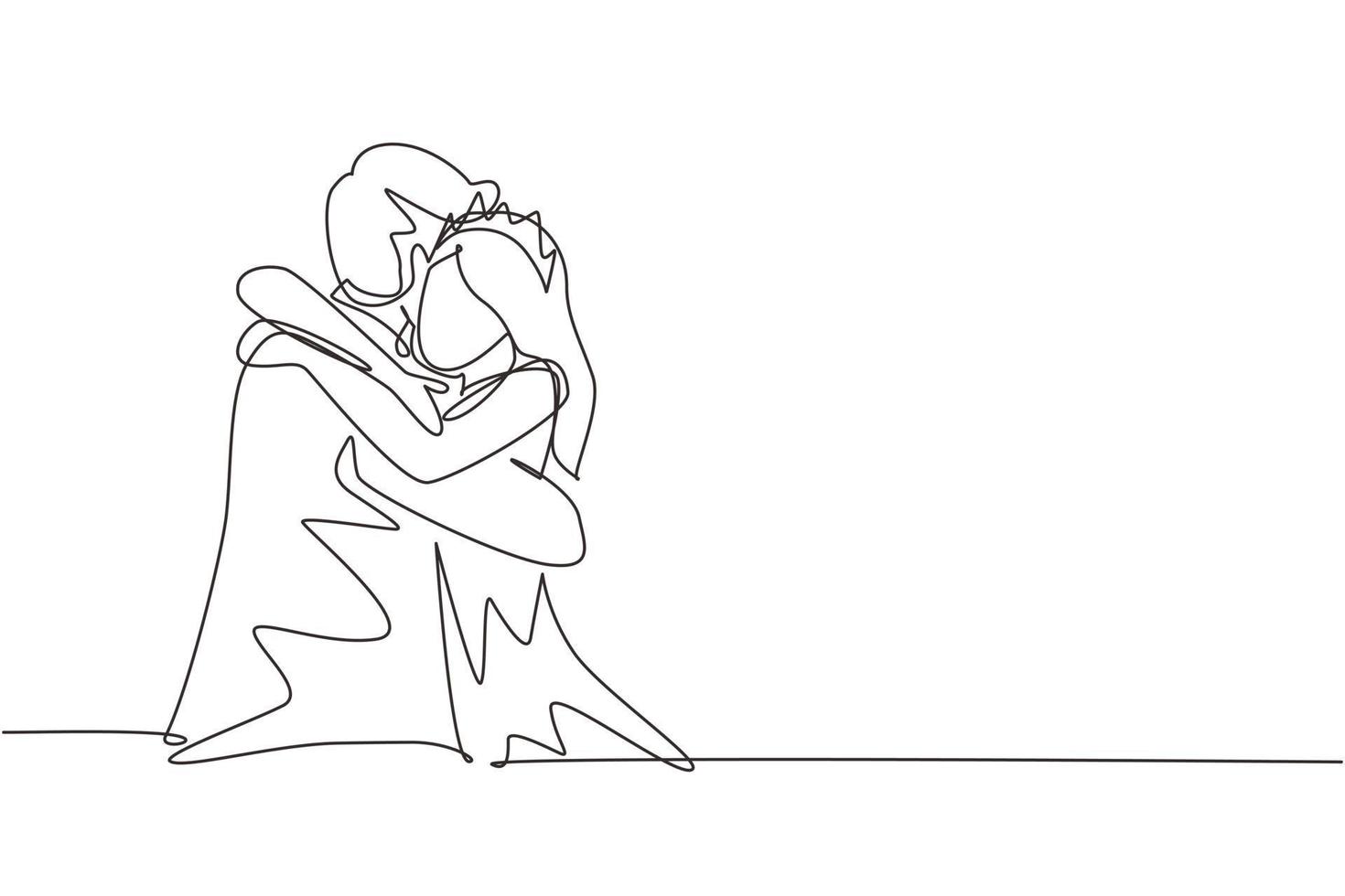 uma linha contínua desenhando casal abraçando com sorriso. homem feliz com terno abraçando e abraçando a mulher com vestido de noiva. família feliz. ilustração gráfica de vetor de desenho de desenho de linha única