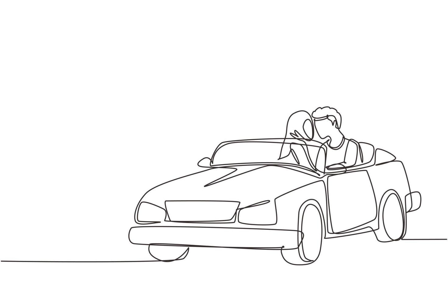 desenho de uma linha contínua casal árabe romântico andando de carro em viagem. alegre homem e mulher dirigindo um carro conversível. casal viagens de férias de verão. gráfico de vetor de design de desenho de linha única