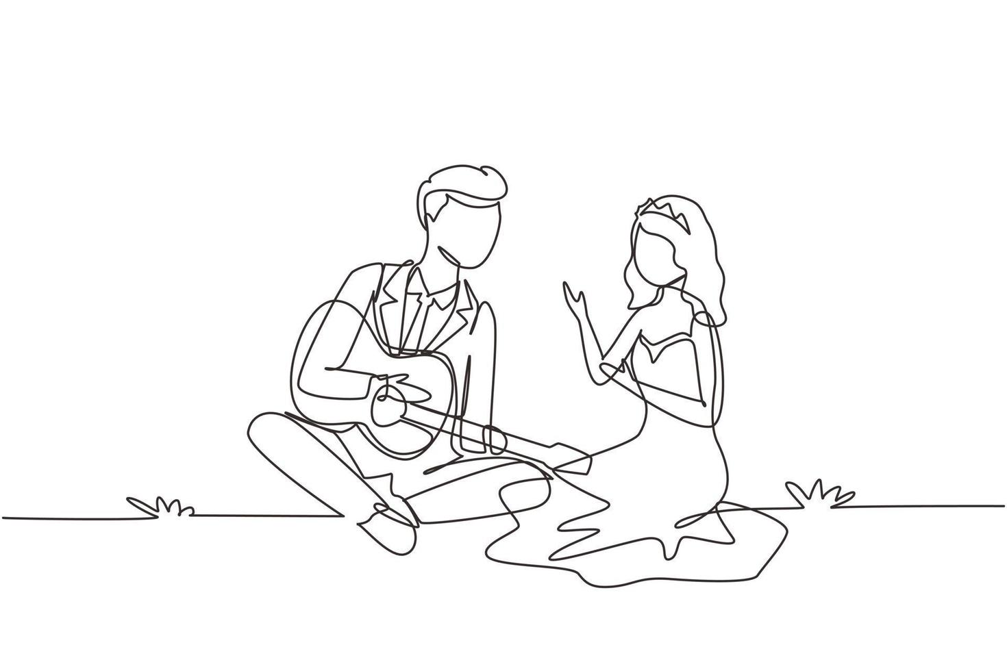 único desenho de uma linha feliz casal de amantes tem sentado na natureza. homem romântico tocando música na guitarra, garota ouve e canta na festa de casamento. vetor gráfico de desenho de desenho de linha contínua