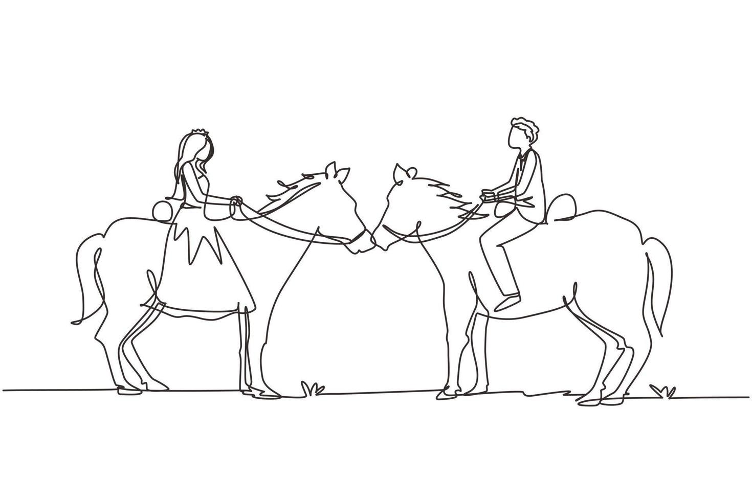 único desenho de uma linha casal romântico apaixonado andando a cavalo no deserto. homem e mulher andam a cavalo usando vestido de noiva. noivado e relacionamento amoroso. vetor gráfico de desenho de desenho de linha contínua