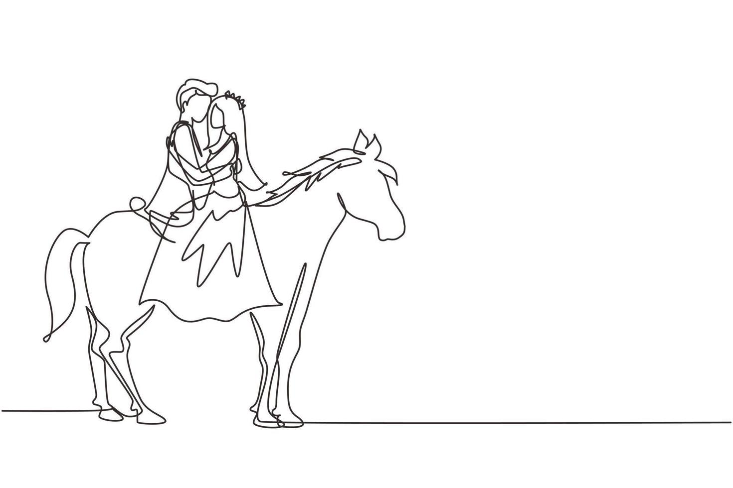 único desenho de linha casal cavalgando cavalos cara a cara com vestido de noiva. homem fazendo proposta de casamento para mulher. noivado e relacionamento amoroso. vetor gráfico de desenho de desenho de linha contínua