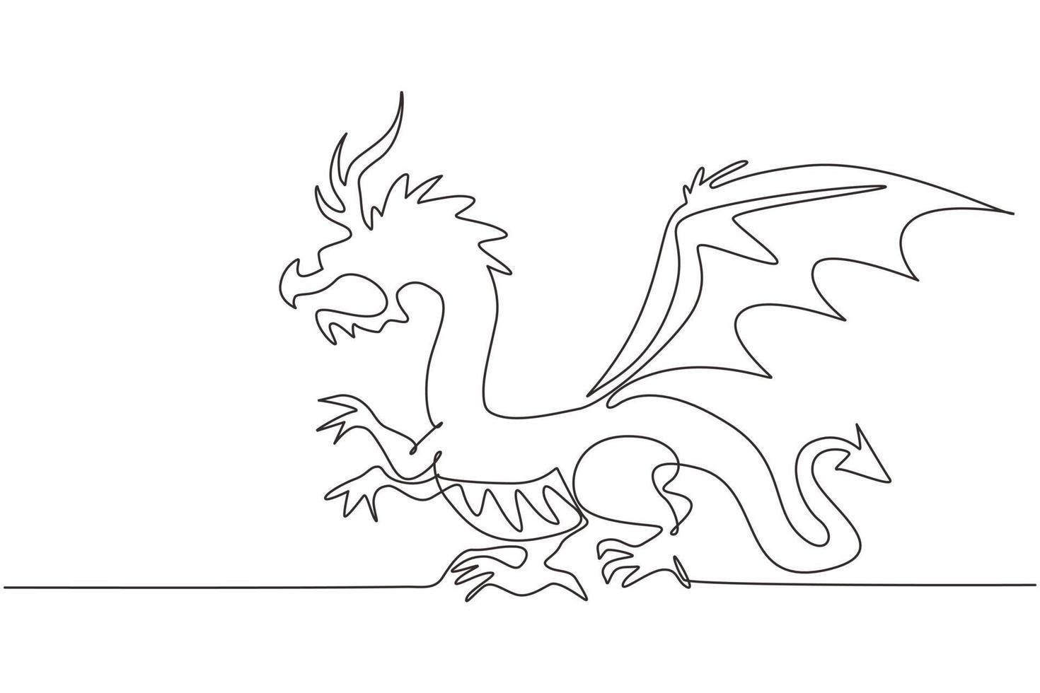 dragões de fadas desenho contínuo de uma linha. dragão de conto de fadas engraçado, lagarto mágico com asas e serpente que cospe fogo. réptil medieval dragão voador. ilustração gráfica de vetor de design de linha única