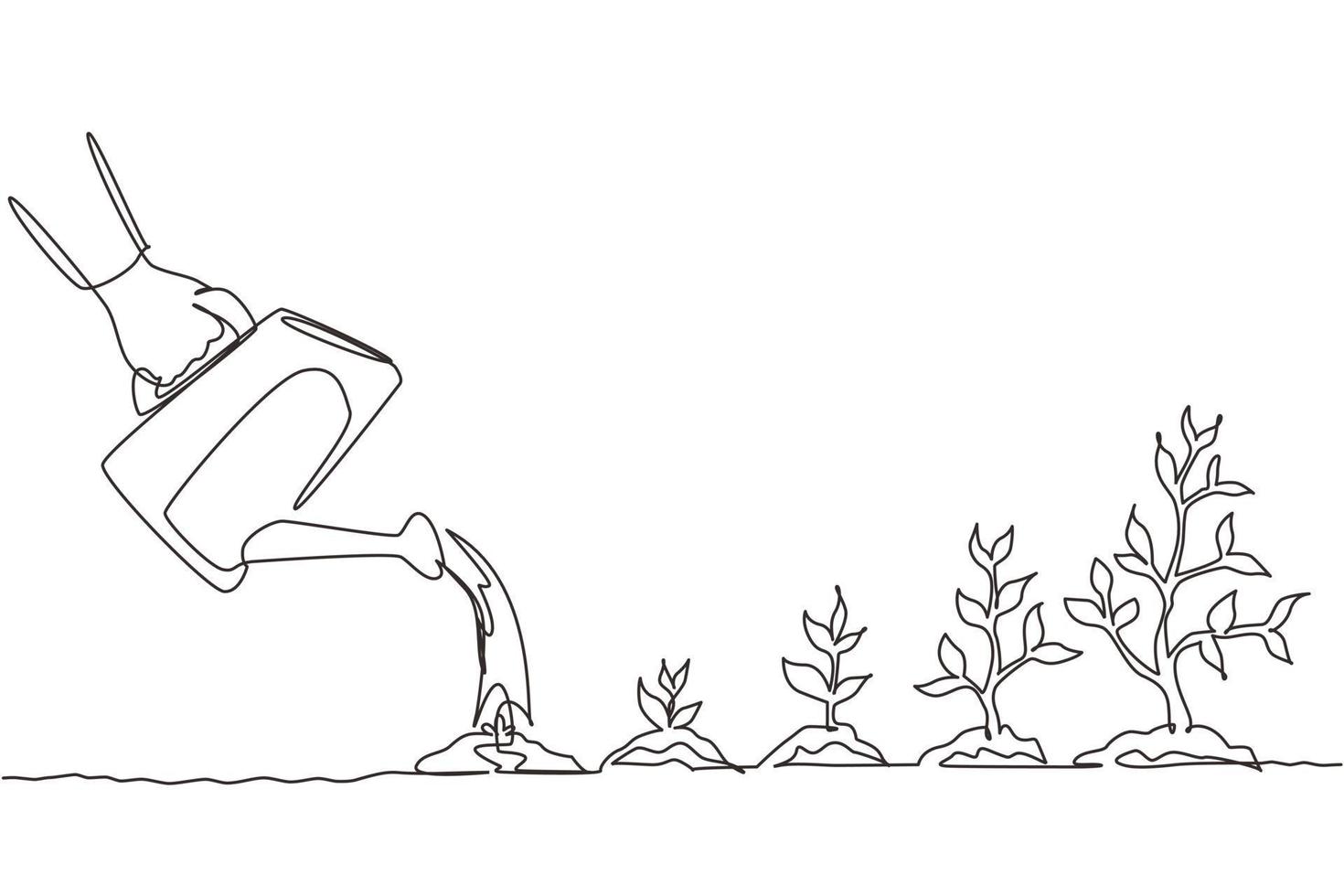 mão de desenho de linha contínua única com planta de rega de lata no jardim. dia da terra salvar o conceito de ambiente. plantio de mudas florestais em crescimento. ilustração em vetor design gráfico de desenho gráfico de uma linha dinâmica