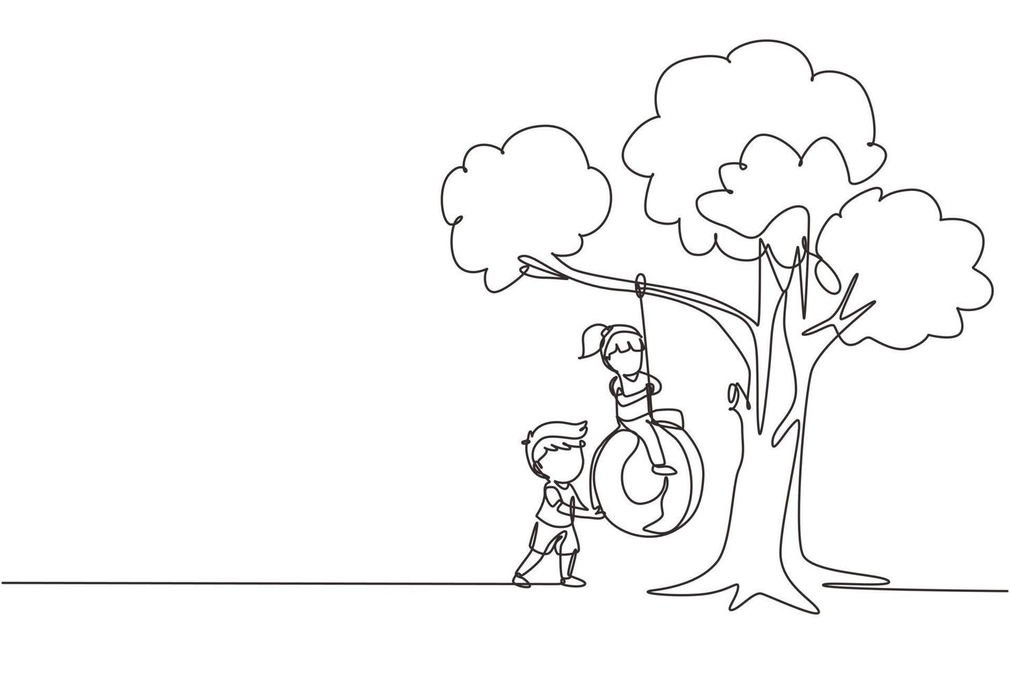 uma única linha desenhando meninos e meninas felizes brincando de balanço de pneu debaixo da árvore. crianças balançando no pneu pendurado na árvore. crianças brincando no jardim. ilustração em vetor gráfico de desenho de linha contínua