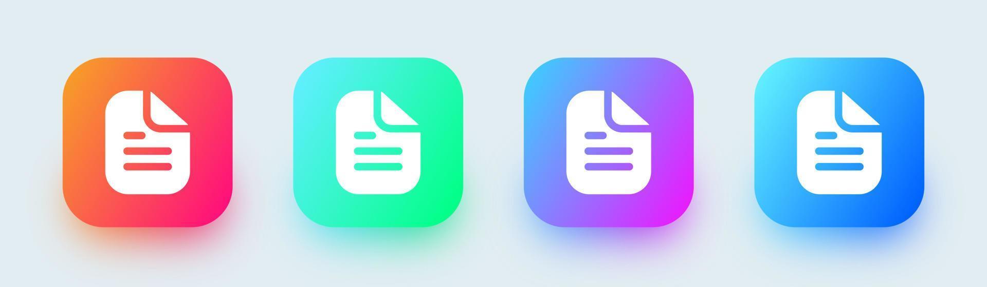 ícone sólido de documento em cores gradientes quadrados. ícone de vetor de papel escrito dobrado.