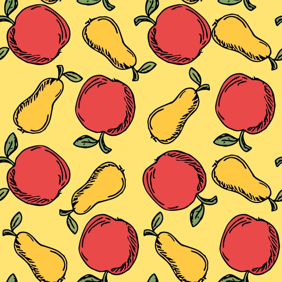 padrão de frutas sem costura. fundo colorido de maçã e pêra. doodle ilustração vetorial com frutas vetor