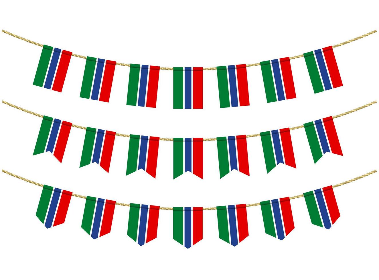 bandeira da gâmbia nas cordas em fundo branco. conjunto de bandeiras de estamenha patriótica. decoração de estamenha da bandeira da gâmbia vetor
