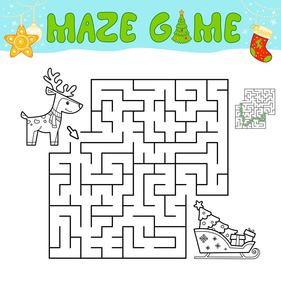 jogo de quebra-cabeça de labirinto de natal para crianças. delinear labirinto ou jogo de labirinto com trenó de natal e renas. vetor