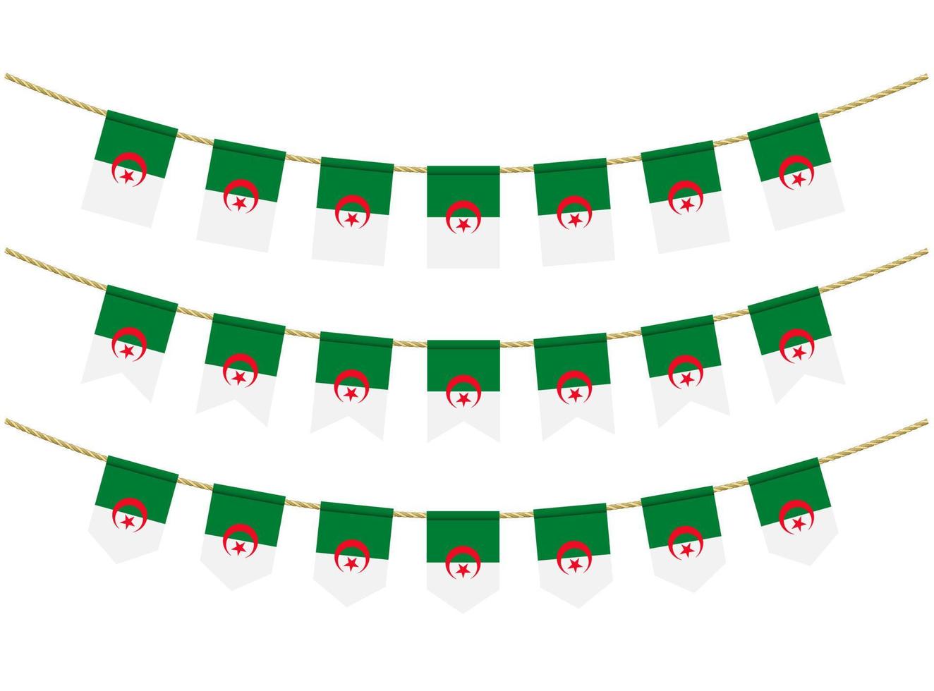 bandeira da argélia nas cordas em fundo branco. conjunto de bandeiras de estamenha patriótica. decoração de estamenha da bandeira da argélia vetor