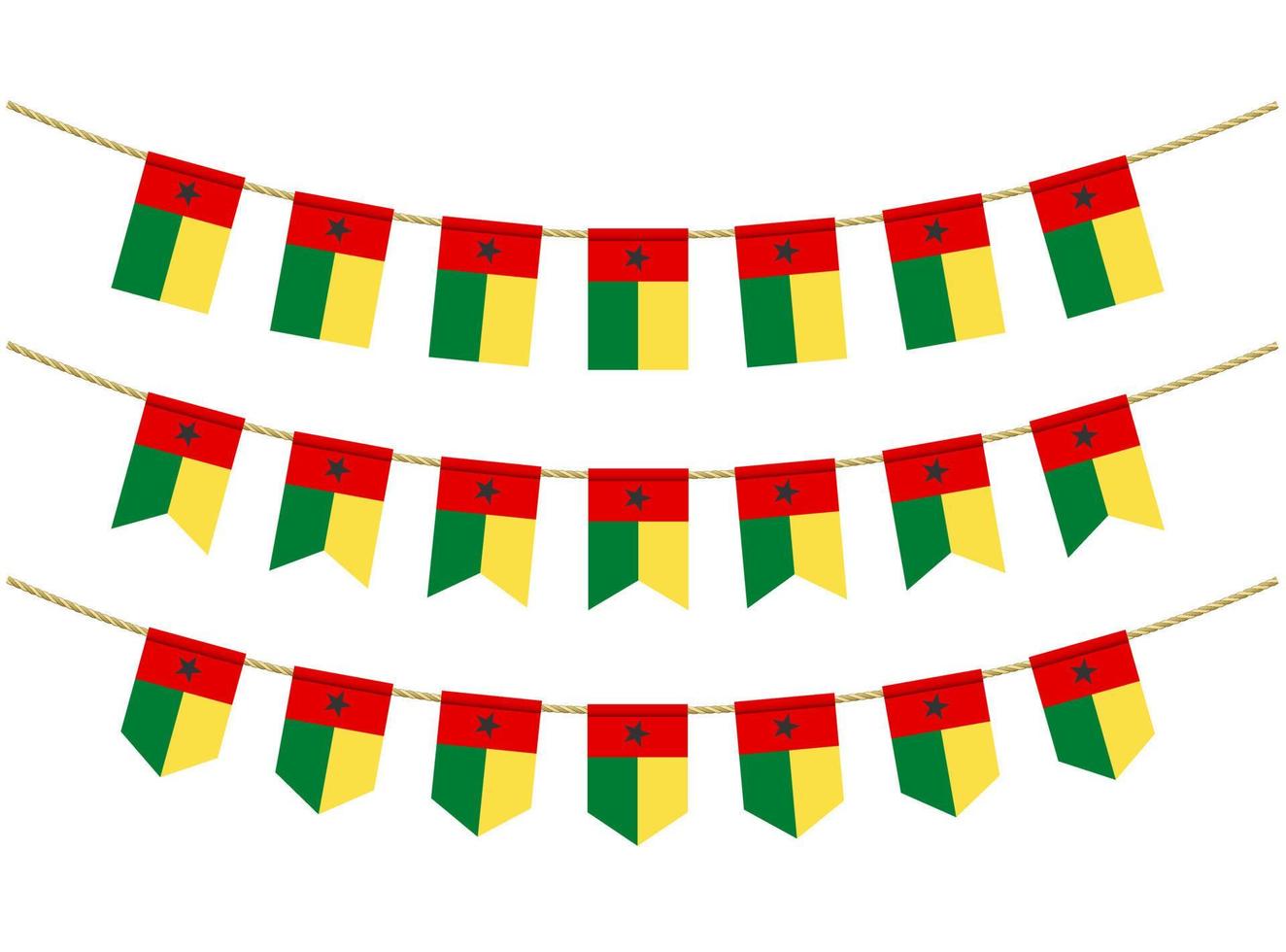 bandeira da Guiné-Bissau nas cordas em fundo branco. conjunto de bandeiras de estamenha patriótica. decoração de estamenha da bandeira da guiné-bissau vetor