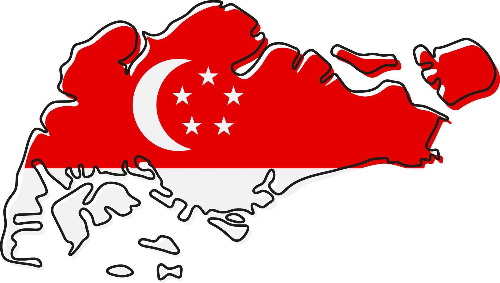 mapa de contorno estilizado de Cingapura com o ícone da bandeira nacional. mapa de cores da bandeira da ilustração vetorial de Cingapura. vetor