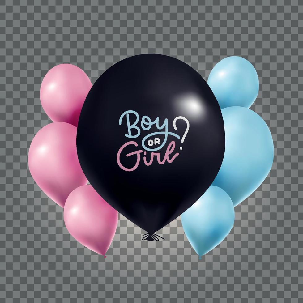 grande balão preto com texto de letras - menino ou menina - com balões rosa, azuis na festa de revelação de gênero. elementos de design 3d realistas. balões de hélio vetor festivo isolados