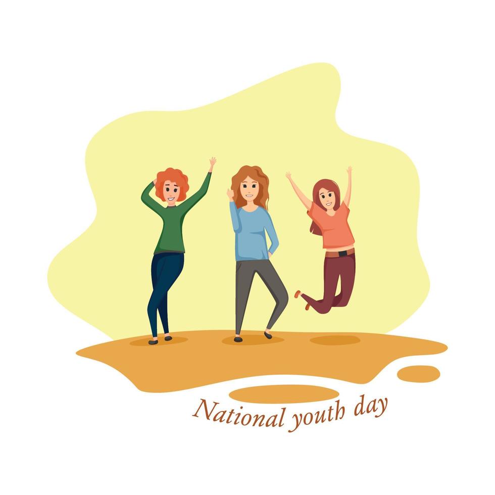 dia nacional da juventude. ilustração vetorial dos desenhos animados de meninas felizes. vetor