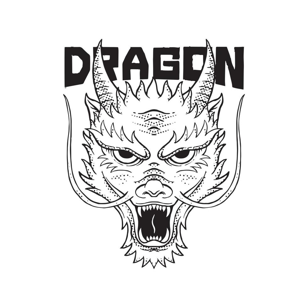 ilustração de doodle de dragão preto e branco para design de camiseta de cartaz de tatuagem de adesivo etc vetor