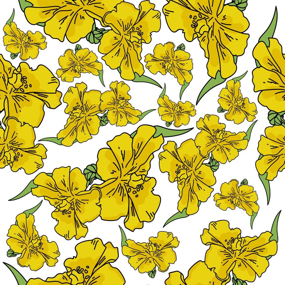 flor amarela com padrão sem costura de folha verde, arte colorida em um fundo branco, ilustração vetorial vetor
