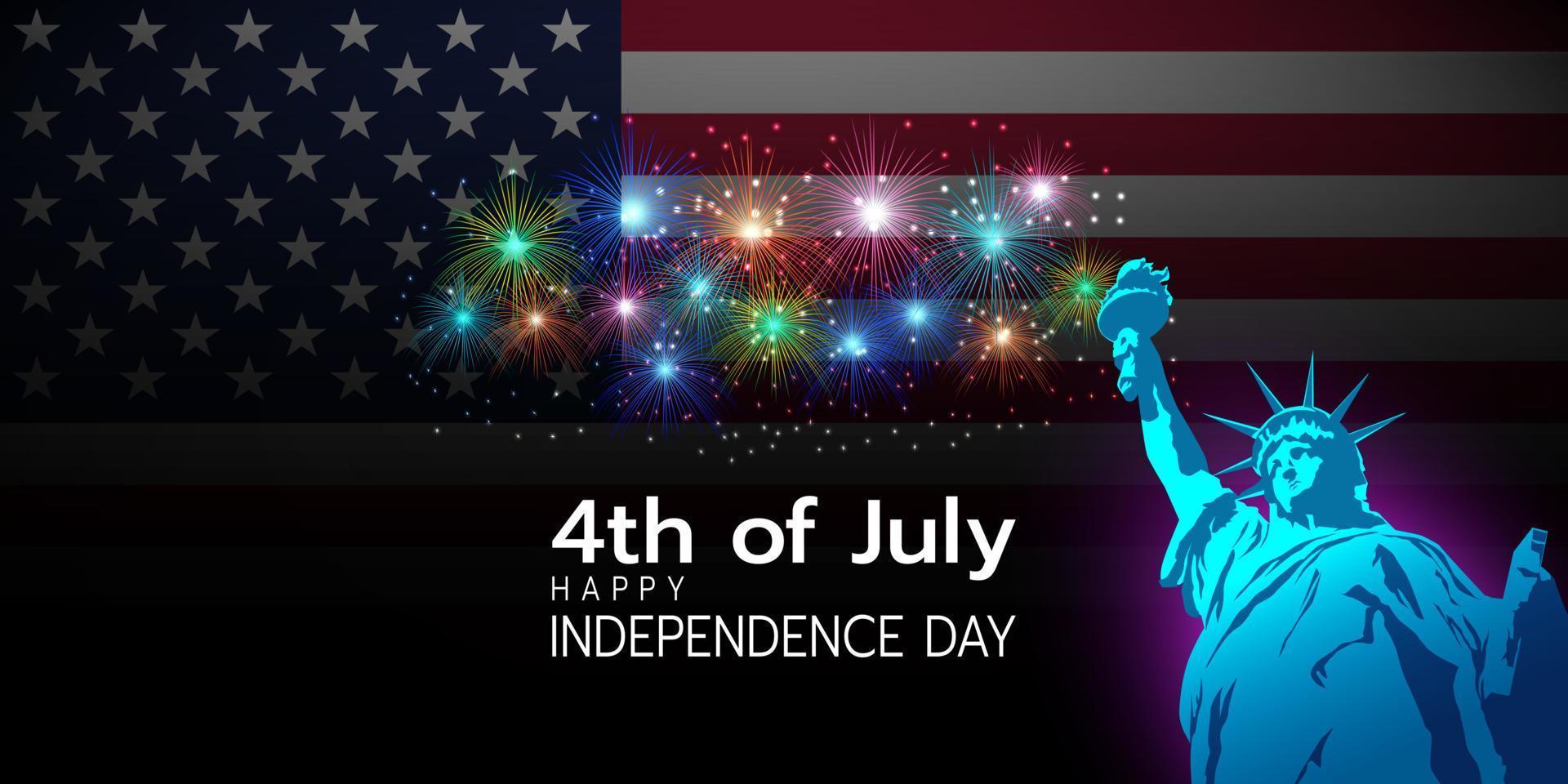 4 de julho feliz dia da independência fogos de artifício EUA fundo e estátua da liberdade. ilustração vetorial vetor