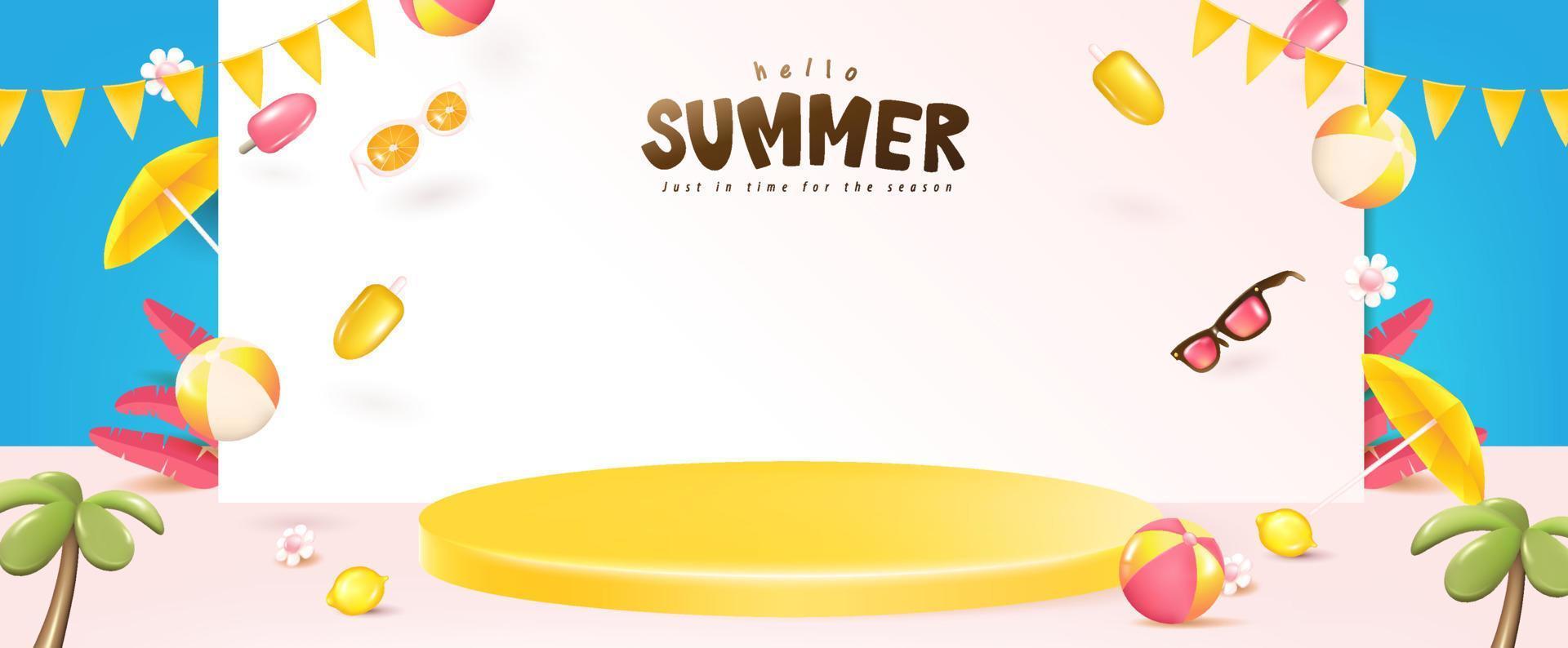 modelo de banner de verão para promoção com exibição de produtos e elementos para festa na praia vetor