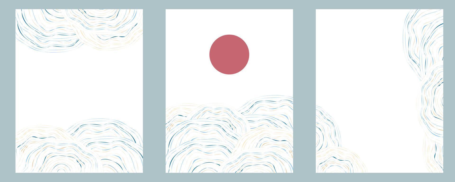 conjunto de desenhos de pôsteres vintage de ondas de oceano japonesas fluidas. fundo abstrato de paisagem de sol nascente vermelho para folheto de marketing vetor