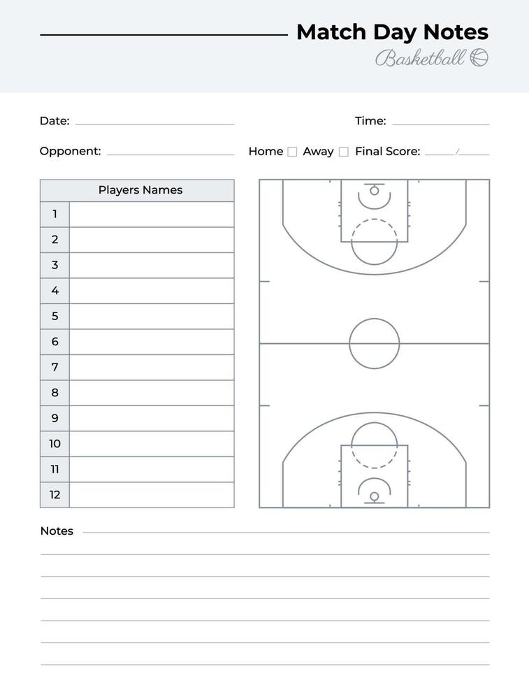 log de notas da jornada com diagrama de campo de basquete vetor