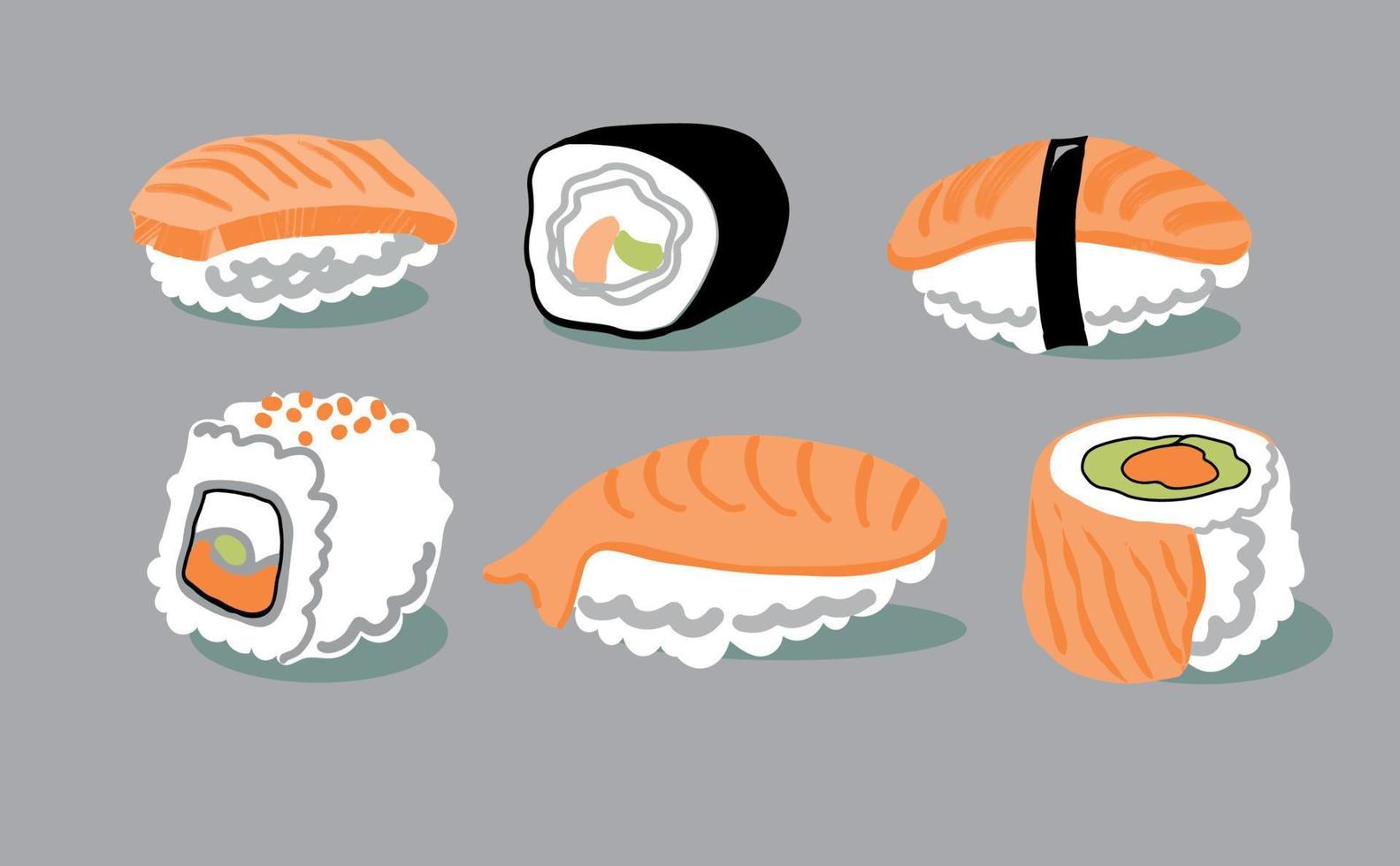 conjunto de ícones de sushi e rolos de cor. ilustração vetorial vetor