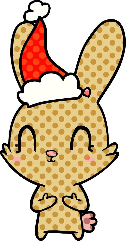 ilustração de estilo de quadrinhos fofo de um coelho usando chapéu de papai noel vetor