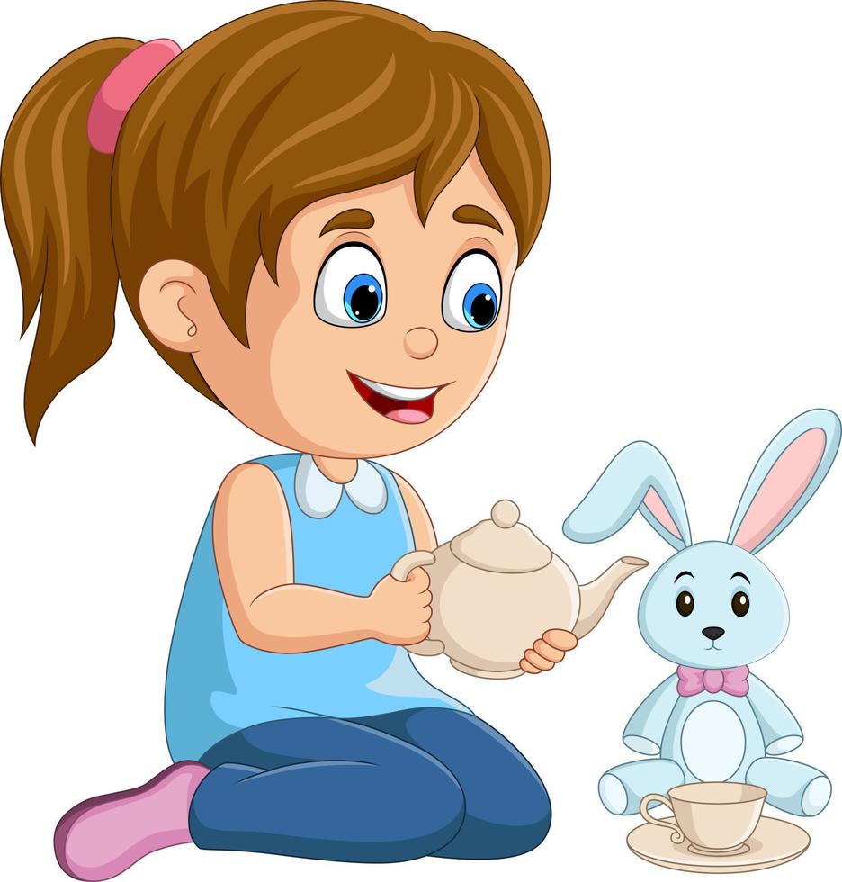 desenho animado menina brincando de boneca de coelho vetor