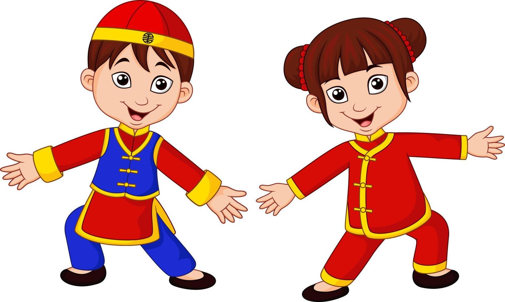 crianças chinesas de desenhos animados com traje tradicional vetor