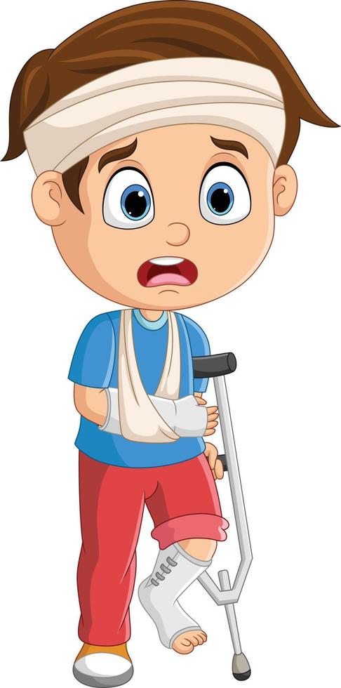 desenho animado garotinho com braço e perna quebrados vetor