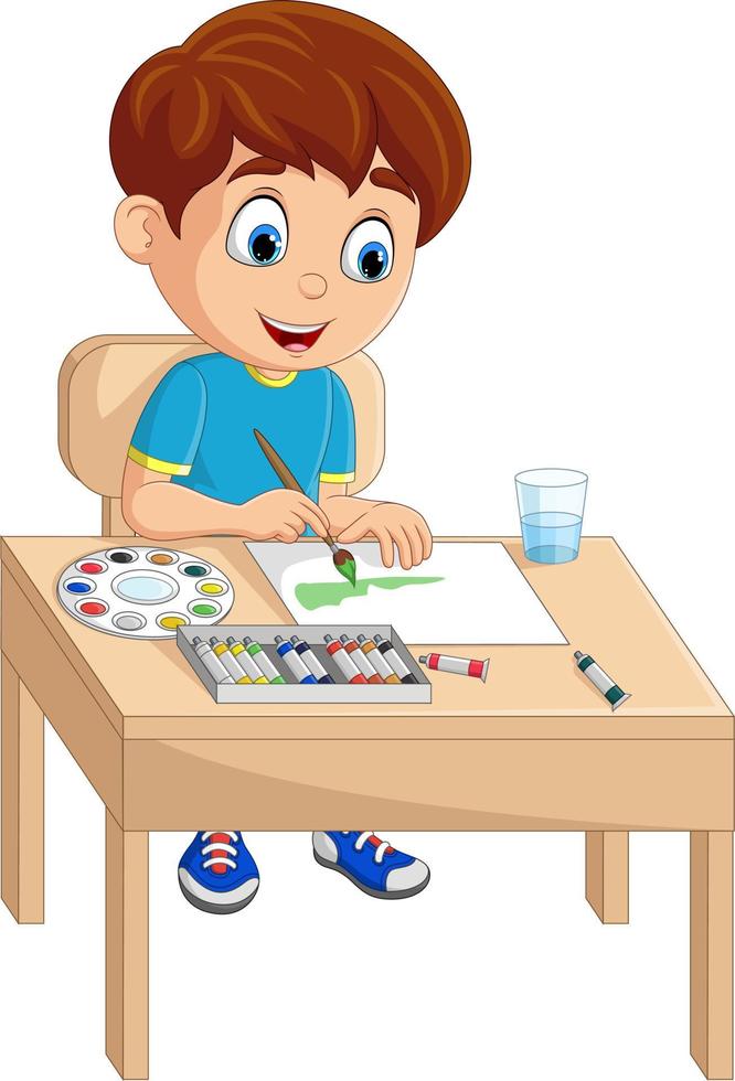 desenho animado garotinho pintando na mesa vetor