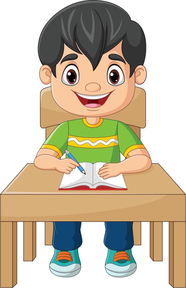 desenho animado garotinho estudando em cima da mesa vetor