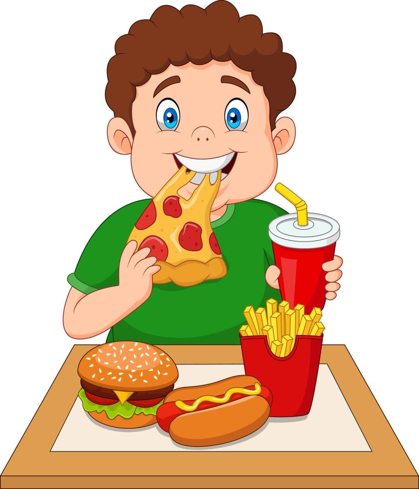 menino gordo comendo junk food vetor